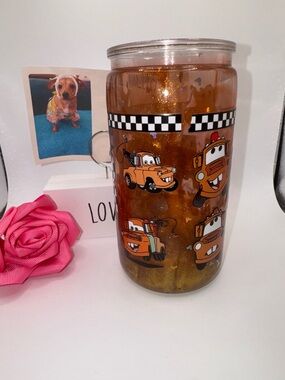 Disney Orange Glitter 'Tow Mater' Travel Tumbler with Black & White Check
